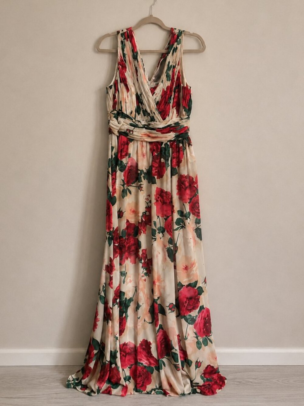 NWT Calvin Klein Floral Pleated Bodice Gown Rose Surplice Neck Maxi Dress 12